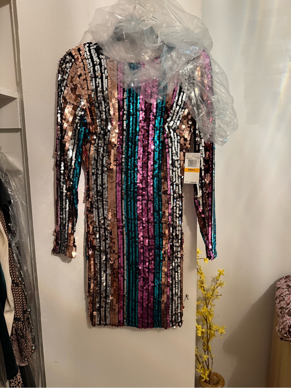 Dress the Population Teal Pink Bronze Silver Sequin Stripe Mini Dress